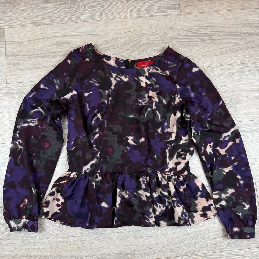 RED Saks Fifth Avenue Purple Abstract Watercolor Peplum Long Sleeve Top Medium